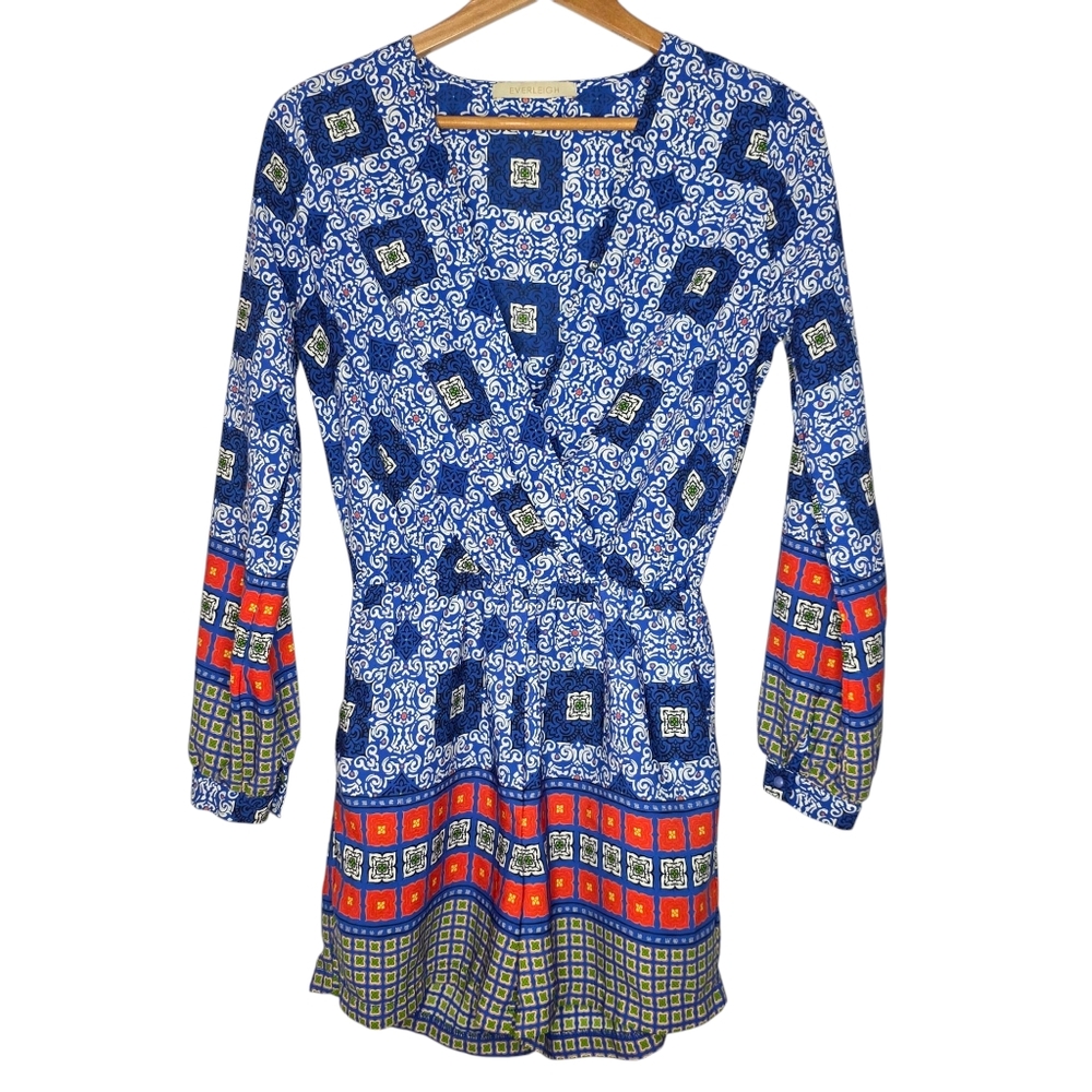 Everleigh‎ Blue / White Surplice Printed Romper V-Neck Long Sleeve Women's XS